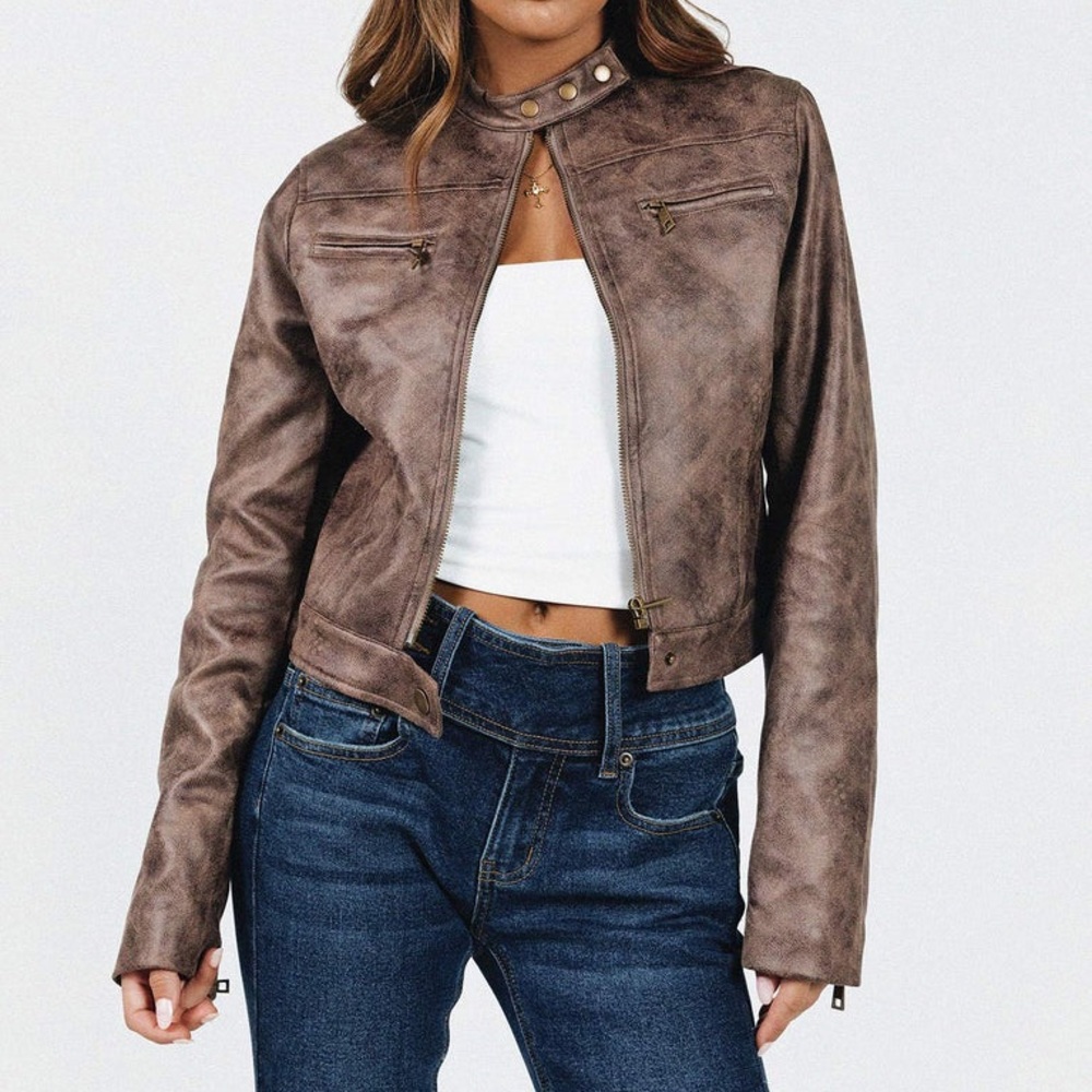 Princess Polly Lioness Bella Moto Jacket Chocolate Brown Size 6